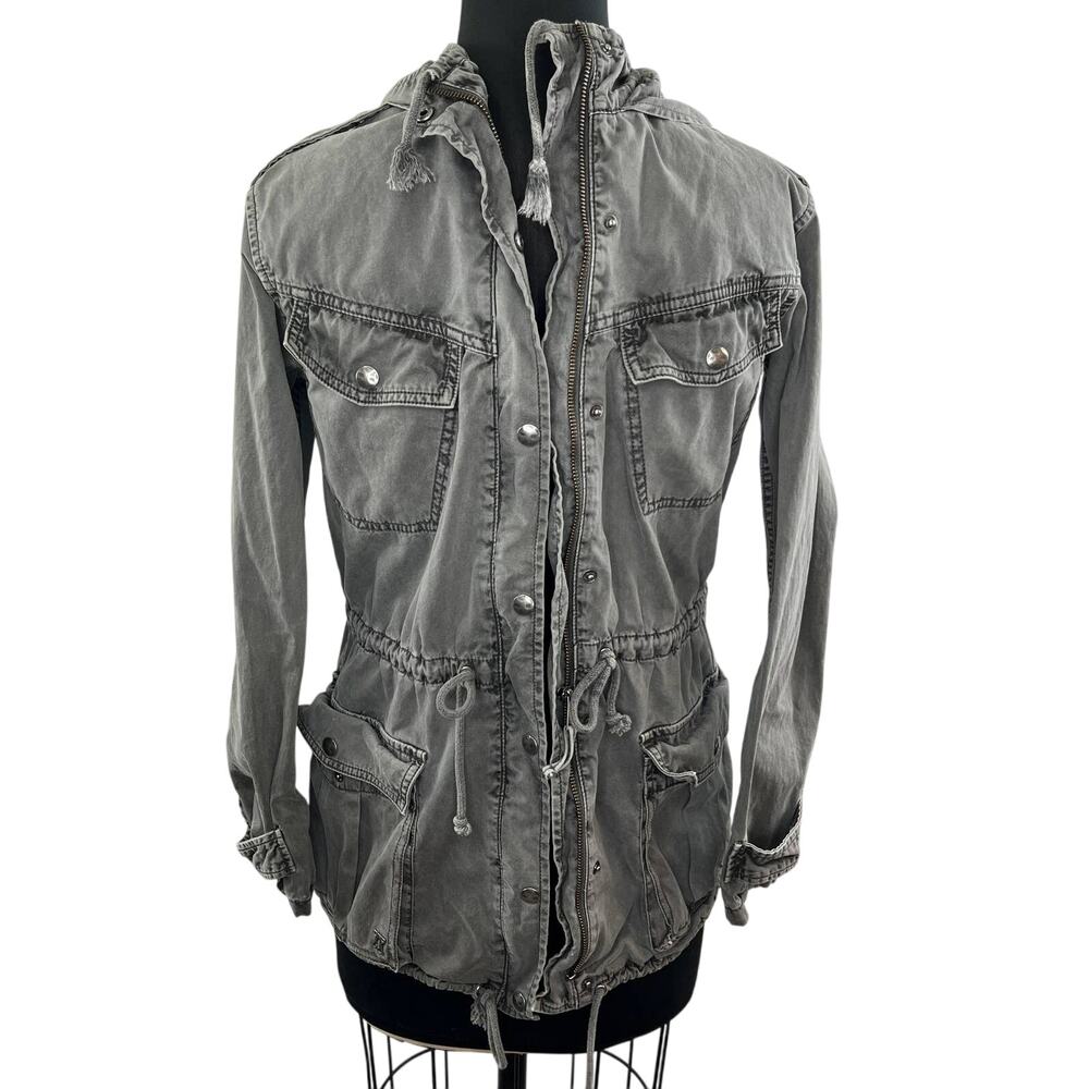 TALULA Dark Gray Cotton Denim Tie Waist Long Sleeve Military Utility Jacket XXS